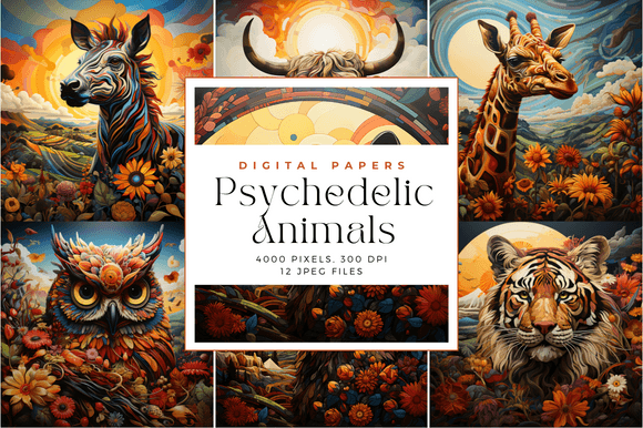 Colorful Psychedelic Animal Backgrounds: Vibrant Digital Papers for Creative Projects