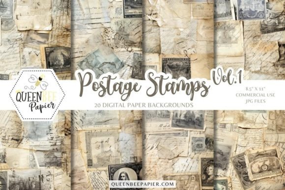 Postage Stamps Digital Paper Backgrounds: Vintage Texture for Modern Design